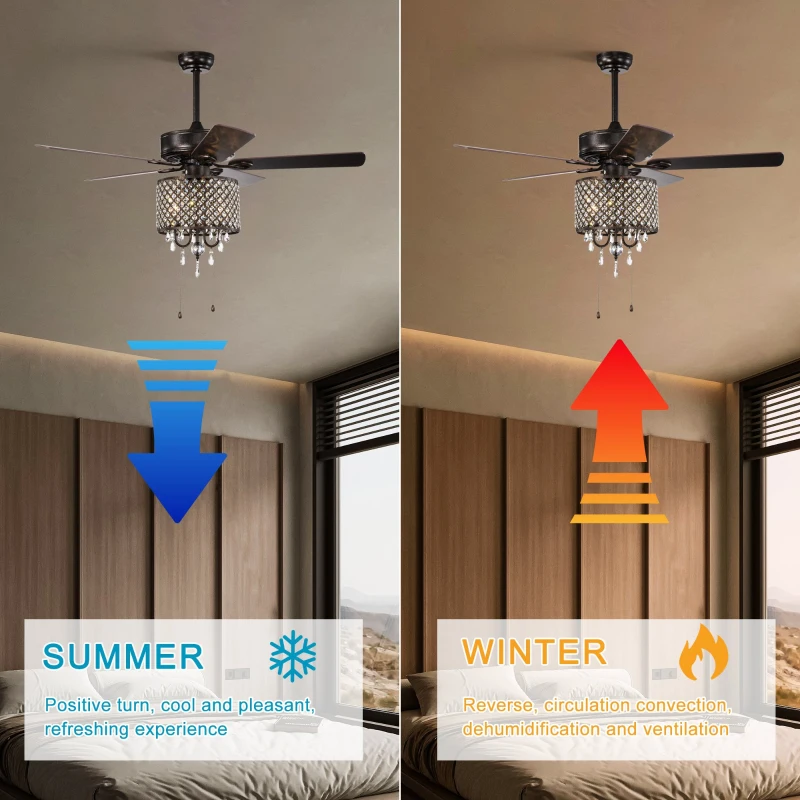 52'' Classical Crystal Ceiling Fan Lamp with 3-Speed, 5 Reversible Blades, Dual Mount Compatible, Quiet Reversible Motor, Flush Mount Ceiling Fan, Rustic Brown