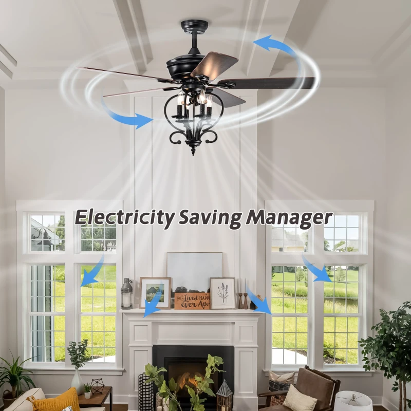 52" Farmhouse Ceiling Fan with 4 Lights and 5 Wood Blades, AC Motor, Remote Control, Reversible Airflow, 3-Speed, Adjustable Height, Traditional Design, Matte Black