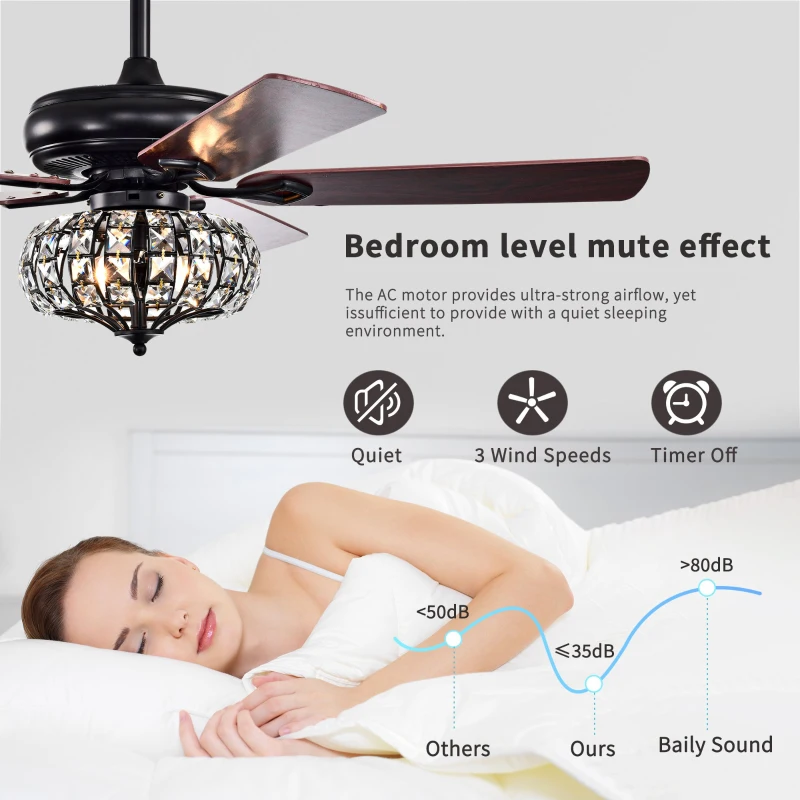 52'' Crystal Shade Ceiling Fan Lamp with Remote Control, 3 Speed, 5 Reversible Blades, Dual Mount Compatible, for Living Room, Dining Room, Bedroom, Matte Black
