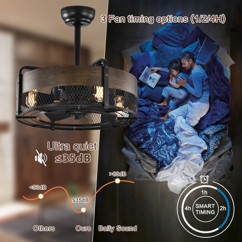 20.6" Caged Ceiling Fan with Lights, Remote Control, Bladeless Retractable 3-Speed, 1/2/4 Timer, Outdoor Ceiling Fan with Light Flush Mount, for Bedroom, Matte Black