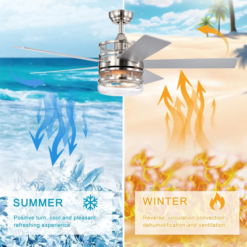 52-Inch Ceiling Fan with 5 Reversible Plywood Blades, Dual Lamp Shade, Remote Control, and Quiet Motor, Nickel