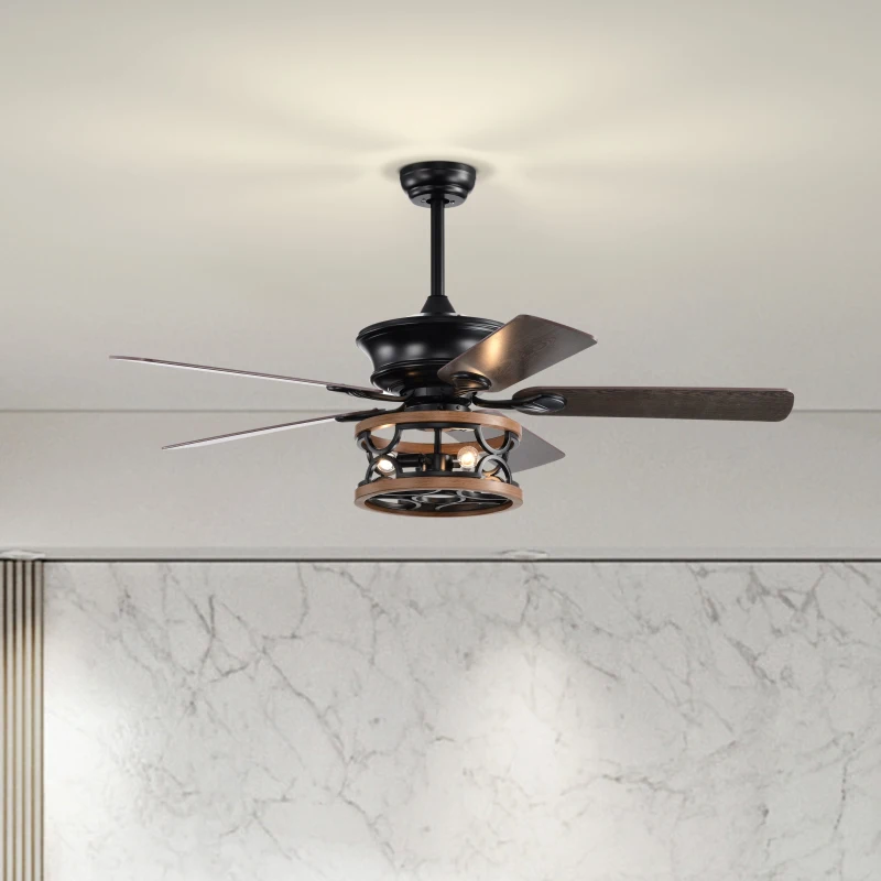 52 Inch Farmhouse Ceiling Fan with Lights and Remote, 3-Speed Reversible Motor, Caged Light Fixture, Intelligent Timing, Quiet Operation, Matt Black