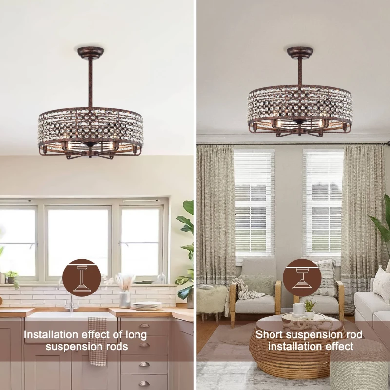 26.8" Crystal Chandelier Ceiling Fan with Remote Control, 3 ABS Blades, 4-Light Fixture, Metal Cage, and Reversible Motor, Rustic Brown
