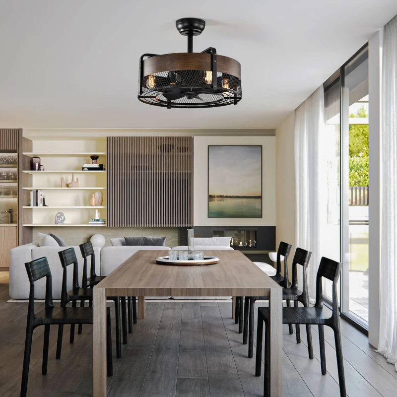 20.6" Caged Ceiling Fan with Lights, Remote Control, Bladeless Retractable 3-Speed, 1/2/4 Timer, Outdoor Ceiling Fan with Light Flush Mount, for Bedroom, Matte Black