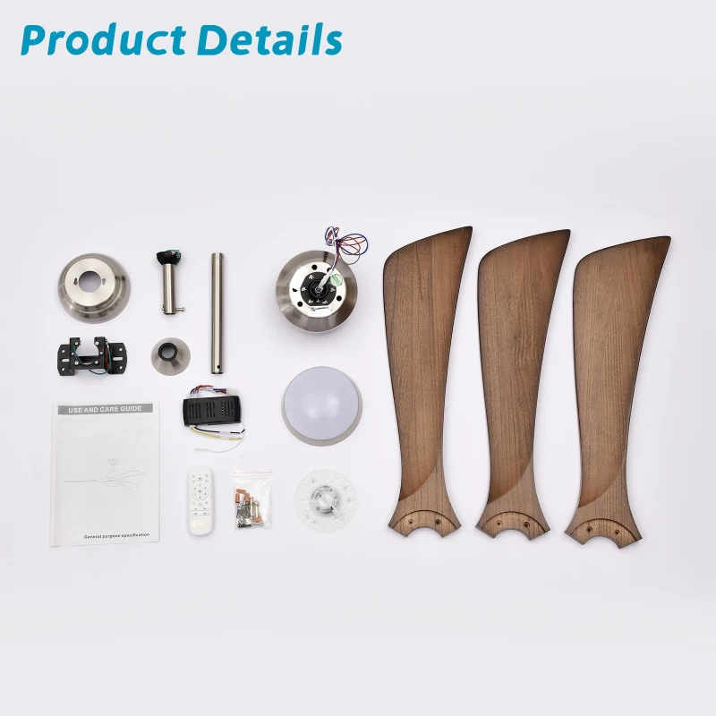 52" Ceiling Fan with Lights and Remote Control, Quiet DC Motor, 3 Wood Blades, 6 Speed Levels, Reversible for Indoor and Outdoor Use, Nickel