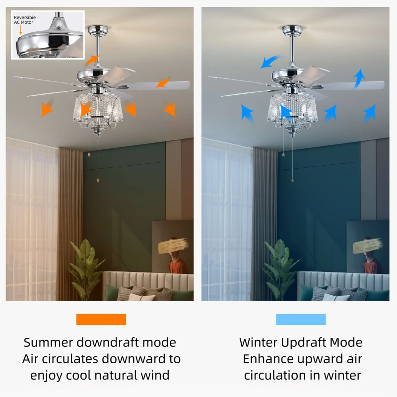 52" Crystal Ceiling Fan with 5 Reversible Wood Blades, Modern Electrical Fan, Noiseless Reversible AC Motor, Remote Control, 4 Bulbs Not Included, Chrome