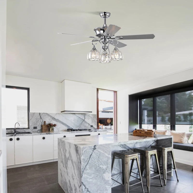 52'' Crystal Ceiling Fan Lamp with with 3-Light Crystal Chandelier, Remote Control, 3 Speed, 5 Reversible Blades, Dual Mount Compatible, for Living Room, Chrome