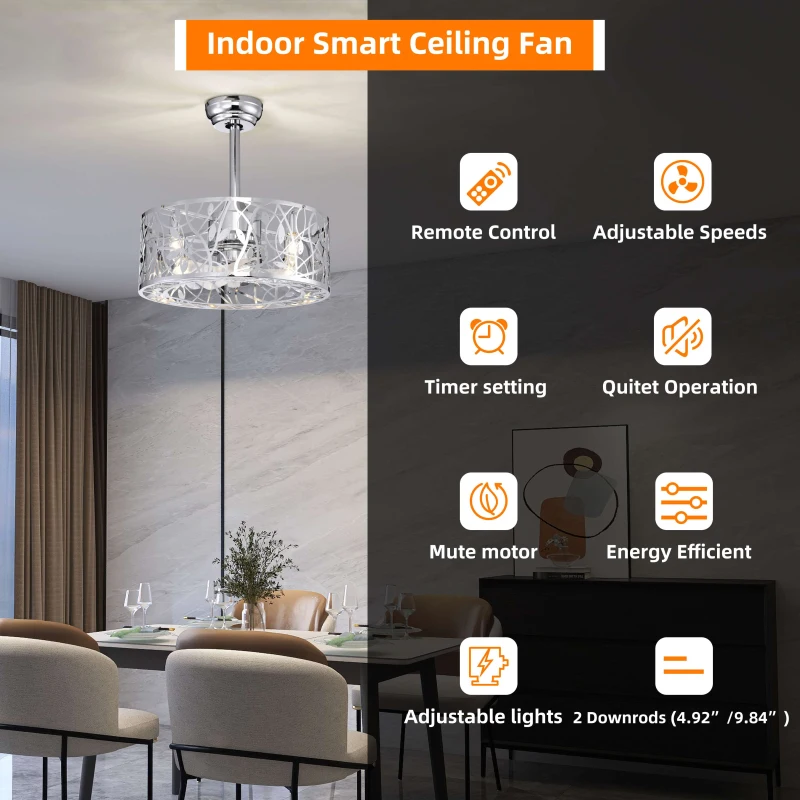 18" Industrial Style Ceiling Fan with Light, 5 Blades, Remote Control, Reversible Motor, Adjustable Speeds, Easy Installation, Chrome