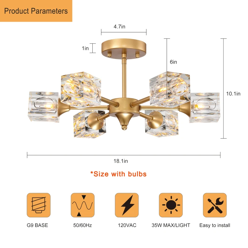 Modern Luxurious Crystal Ceiling Light with 6 Lights G9 Bulb, Flush Mount Pendant Lamp for Dining Room, Living Room, Bedroom, Hall, Balcony, 16.54"x14.96"x8.7", Gold