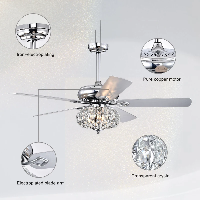 52'' Crystal Shade Ceiling Fan Lamp with Remote Control, 3 Speed, 5 Reversible Blades, Dual Mount Compatible, for Living Room, Dining Room, Bedroom, Chrome