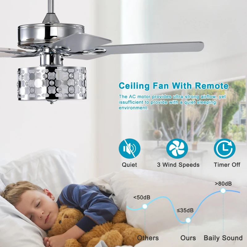 52" Elegant Ceiling Fan Light with Remote, Crystal Chandelier Fan with 5 Reversible Wood Blades, Silent Motor, and Adjustable Wind Speed for Dining Room, Bedroom, Living Room, Chrome