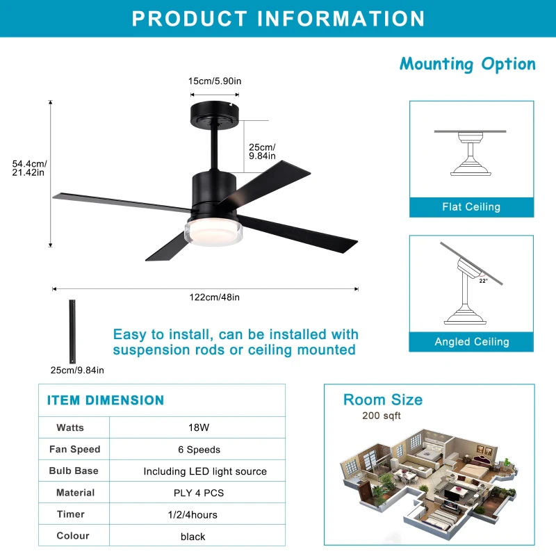 48" Fandelier Ceiling Fan with Lights and Remote, Low Profile Flush Mount, 3000K-6500K Dimmable LED, 6 Speed Settings, Dual Finish Blades, Matte Black