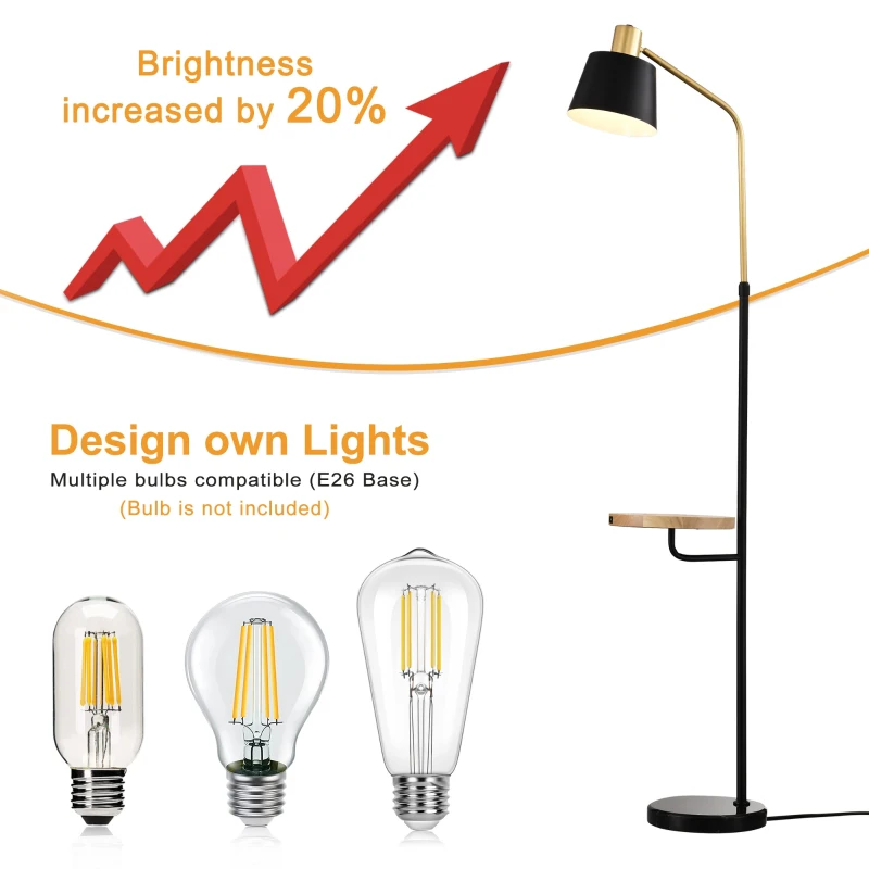 Real Marble Floor Lamp with Wood Bedside Nightstand, Built-in USB Charging Port, and Convenient Pedal Switch for Living Room or Bedroom, Matte Black