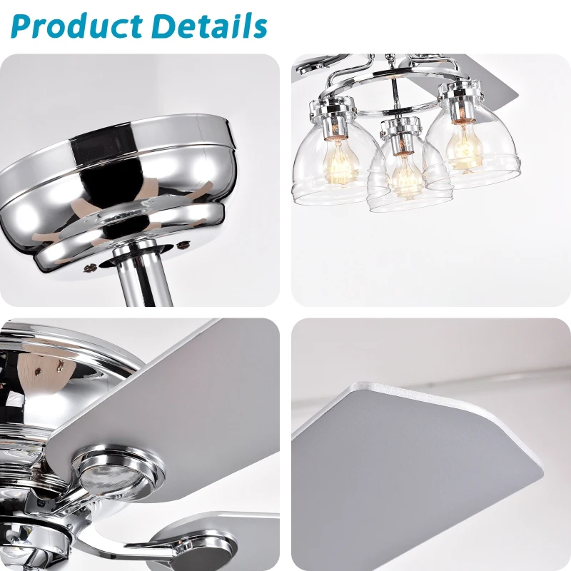 52-Inch Farmhouse Ceiling Fan with Light Kit and Remote, 5-Blade Reversible Motor, Dual Finish Blades, and Adjustable Mount, Chrome