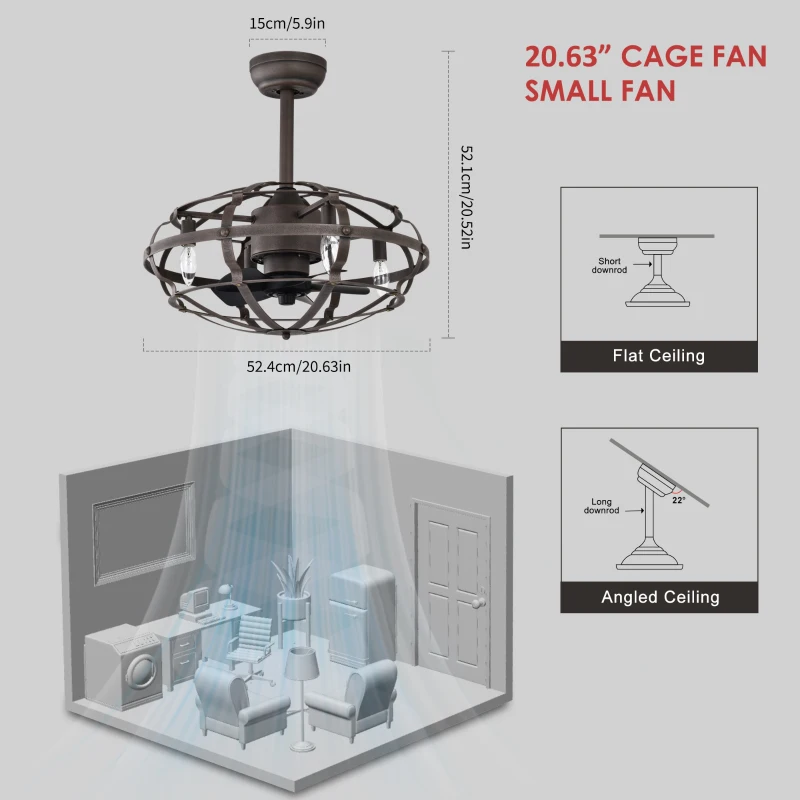 Modern Enclosed Ceiling Fan with Remote Control, Bladeless Design, 3 Speeds, Reversible Direction, and Timer, Includes 2 Down Rods and Lamp Shade, Matte Black