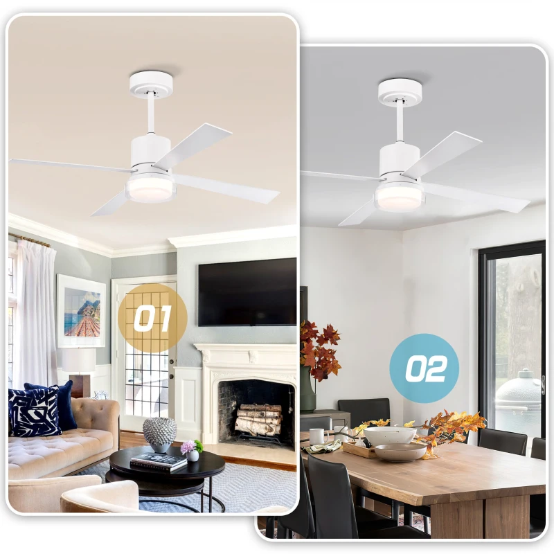 48" Fandelier Ceiling Fan with Lights and Remote, Low Profile Flush Mount, 3000K-6500K Dimmable LED, 6 Speed Settings, Dual Finish Blades, Matte White