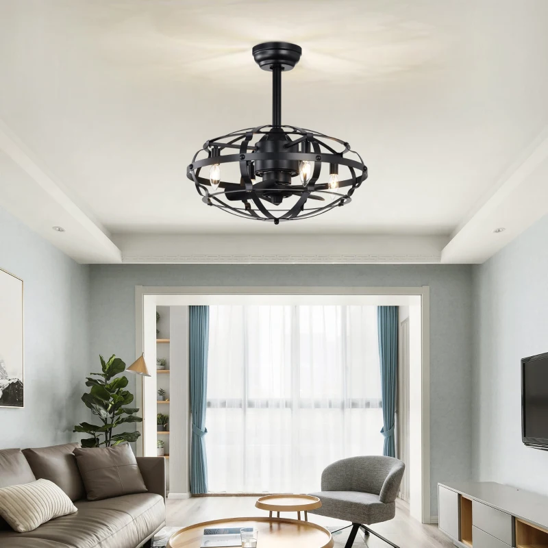 Industrial Bladeless Ceiling Fan with Lights, 18" Caged Design, Reversible Motor, Remote Control, Downrod Mount, E12 Standard Base, Matte Black