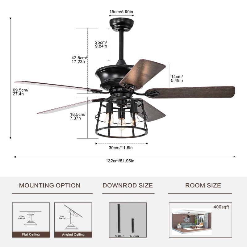52'' Farmhouse Ceiling Fan with Lights, Industrial Cage Design, Remote Control, Reversible AC Motor for Indoor/Outdoor Use, 3-Speed Settings, Matte Black