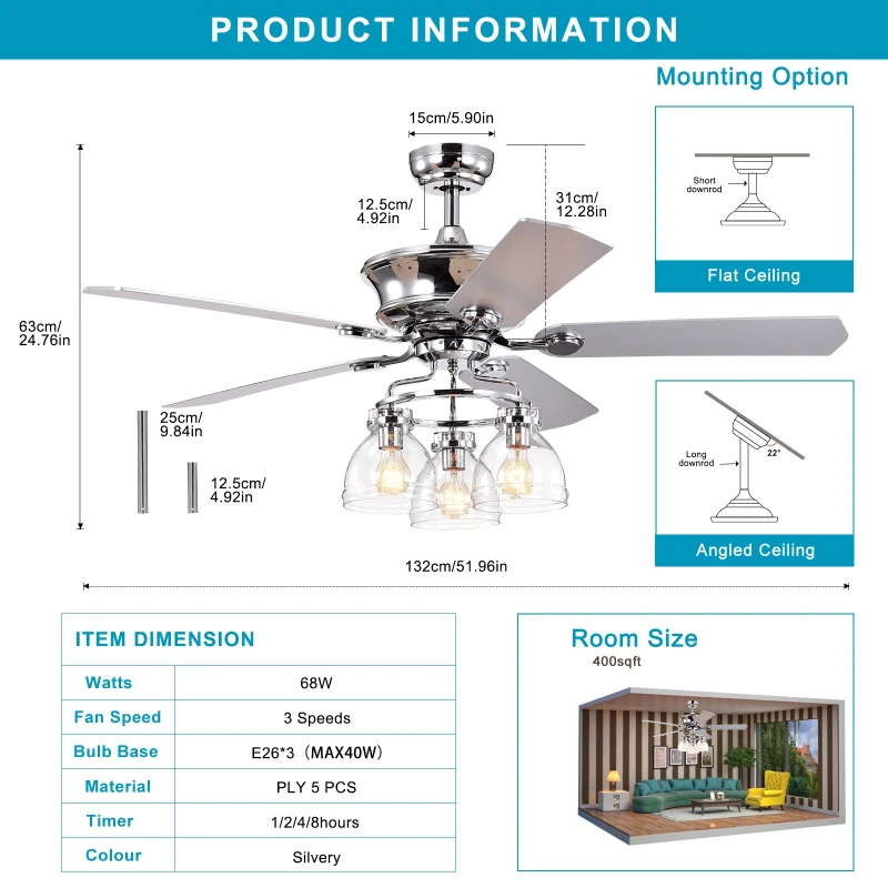 52-Inch Farmhouse Ceiling Fan with Light Kit and Remote, 5-Blade Reversible Motor, Dual Finish Blades, and Adjustable Mount, Chrome