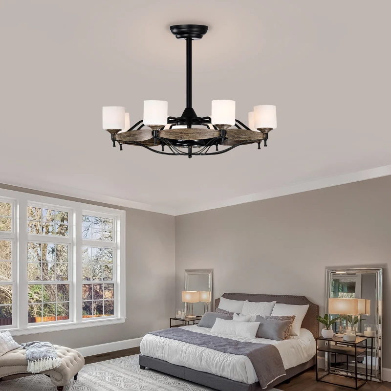 33" Chandelier Ceiling Fan with Remote, 6 Wind Speeds, Reversible Motor, and Silent Operation for Bedroom, Dining Room, Living Room, Kitchen, Farmhouse, Wood