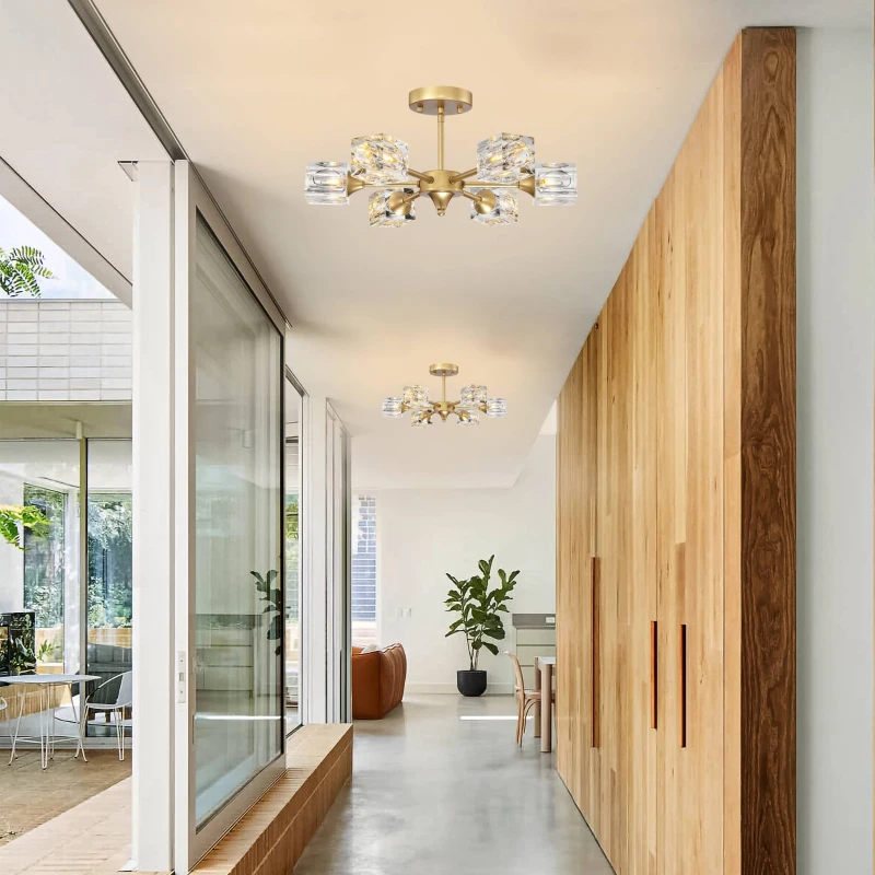 Modern Luxurious Crystal Ceiling Light with 6 Lights G9 Bulb, Flush Mount Pendant Lamp for Dining Room, Living Room, Bedroom, Hall, Balcony, 16.54"x14.96"x8.7", Gold