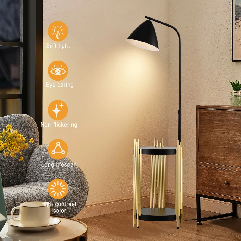 Luxury Floor Lamp with Shelves and Metal Lampshade, Industrial Standing Lamp for Living Room, Bedroom, Office, Convenient Pedal Switch, Gold+Matte Black