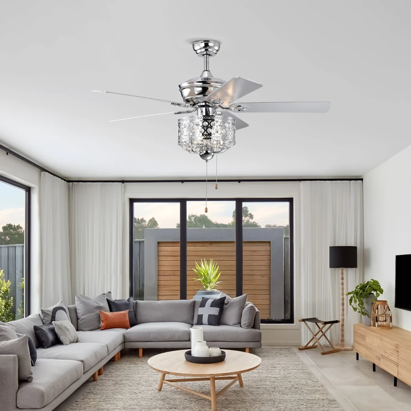 52-Inch Indoor Ceiling Fan with Reversible AC Motor, Pull Chain, Dual Finish Blades, and Dual Mount Compatibility, Chrome