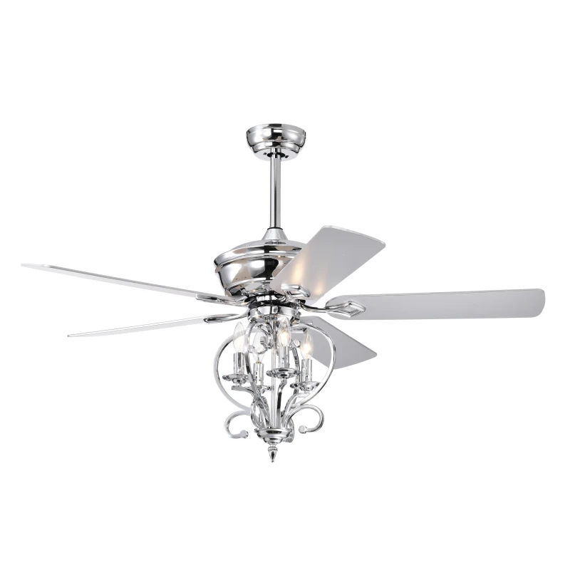 52" Ceiling Fan with 4 Lights and 5 Wood Blades, AC Motor, Remote Control, Reversible Airflow, 3-Speed, Adjustable Height, Traditional Design, Silver