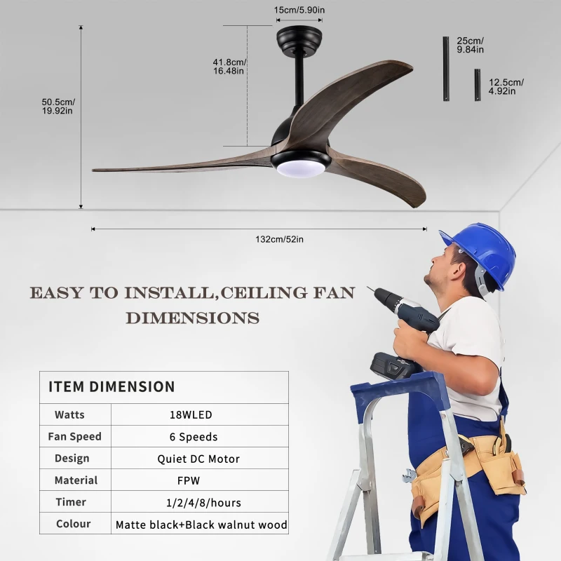 52" Ceiling Fan with Light and Remote Control, Noiseless Reversible Motor, 6 Speed, 3 Color Options, Indoor/Outdoor Use, Matte Black