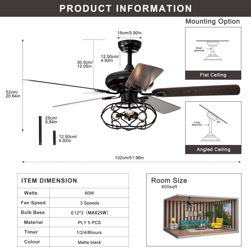 Low Profile Ceiling Fan with Lights, 52-Inch Dark Wood Blades, Remote Control, Reversible Motor, Dual Mount Compatible, Matte Black