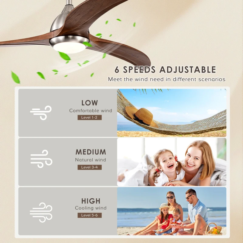 52" Ceiling Fan with Light and Remote Control, Noiseless Reversible Motor, 6 Speeds, 3 Color Settings, for Indoor/Outdoor Use, Nickel