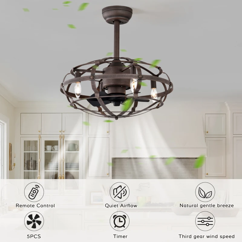 Modern Enclosed Ceiling Fan with Remote Control, Bladeless Design, 3 Speeds, Reversible Direction, and Timer, Includes 2 Down Rods and Lamp Shade, Matte Black