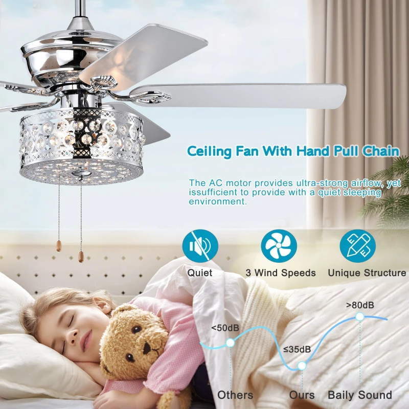 52'' Ceiling Fan with 5 Reversible Blades, Quiet 3-Speed Motor, Dual Mount Compatible, Pull Chain Control, Chrome