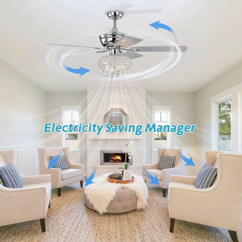 52" Crystal Ceiling Fan with Lights and Remote Control, Reversible Blades, 3 Wind Speeds, for Bedroom, Living, Dining Room, Chrome