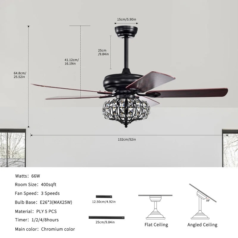 52'' Crystal Shade Ceiling Fan Lamp with Remote Control, 3 Speed, 5 Reversible Blades, Dual Mount Compatible, for Living Room, Dining Room, Bedroom, Matte Black