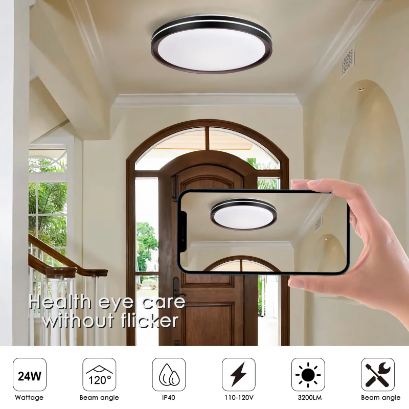 15.75in LED Modern Flush Mount Ceiling Light Fixture, 24W 2400LM, 5 CCT Colors, Dimmable Modern Light for Bedroom, Bathroom, Hallway, Black White