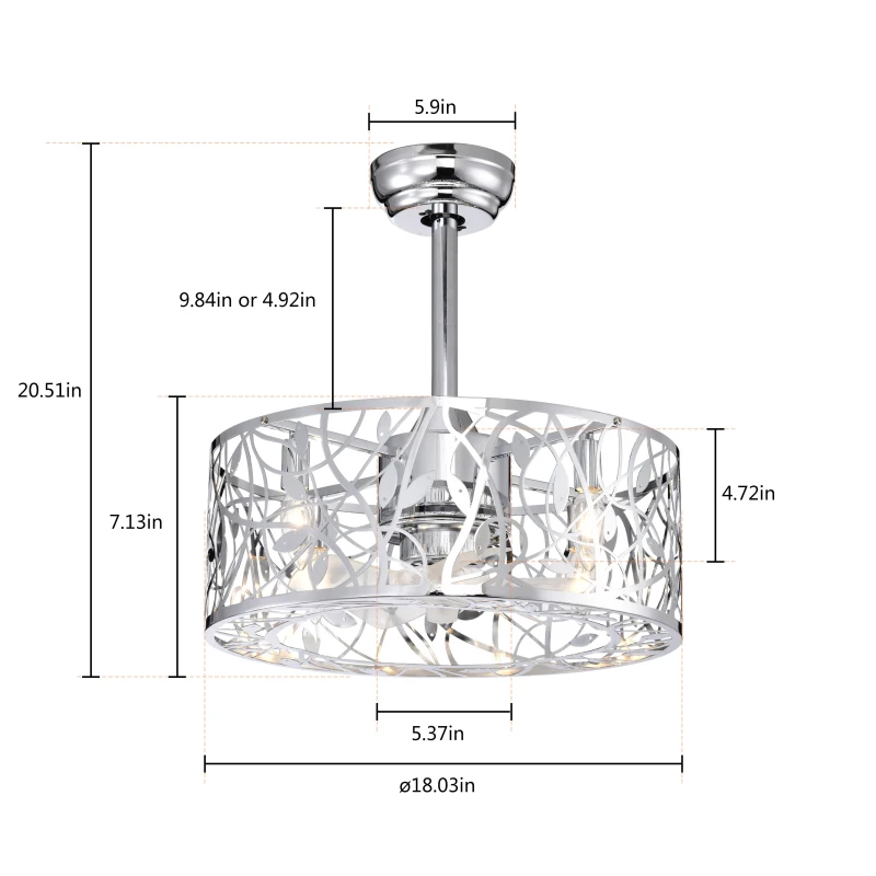 18" Industrial Style Ceiling Fan with Light, 5 Blades, Remote Control, Reversible Motor, Adjustable Speeds, Easy Installation, Chrome