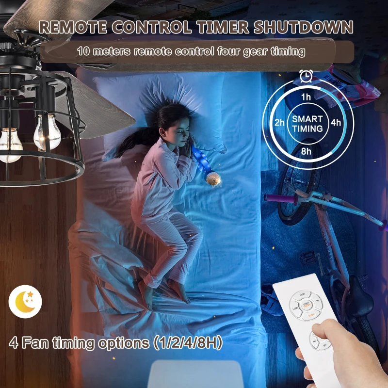 52'' Farmhouse Ceiling Fan with Lights, Industrial Cage Design, Remote Control, Reversible AC Motor for Indoor/Outdoor Use, 3-Speed Settings, Matte Black