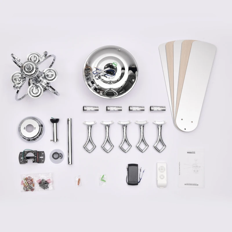 52" Ceiling Fan with 4 Lights and 5 Wood Blades, AC Motor, Remote Control, Reversible Airflow, 3-Speed, Adjustable Height, Traditional Design, Silver