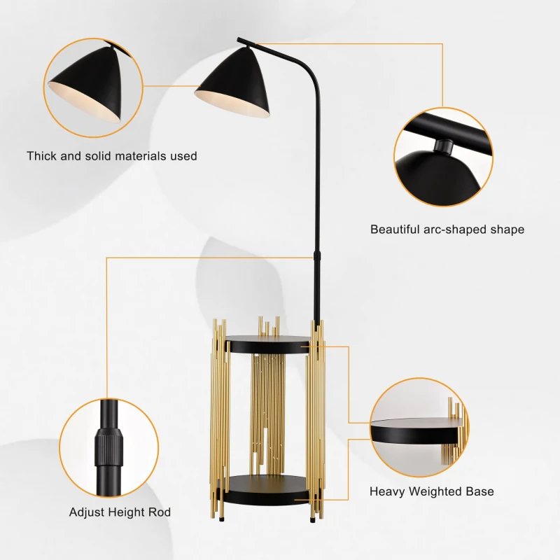 Luxury Floor Lamp with Shelves and Metal Lampshade, Industrial Standing Lamp for Living Room, Bedroom, Office, Convenient Pedal Switch, Gold+Matte Black