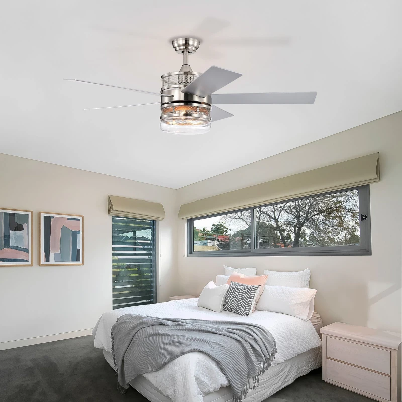 52-Inch Ceiling Fan with 5 Reversible Plywood Blades, Dual Lamp Shade, Remote Control, and Quiet Motor, Nickel