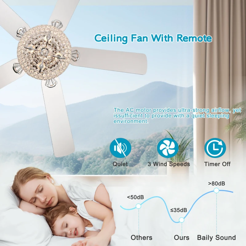 52" Crystal Ceiling Fan with Lights and Remote Control, Reversible Blades, 3 Wind Speeds, for Bedroom, Living, Dining Room, Chrome