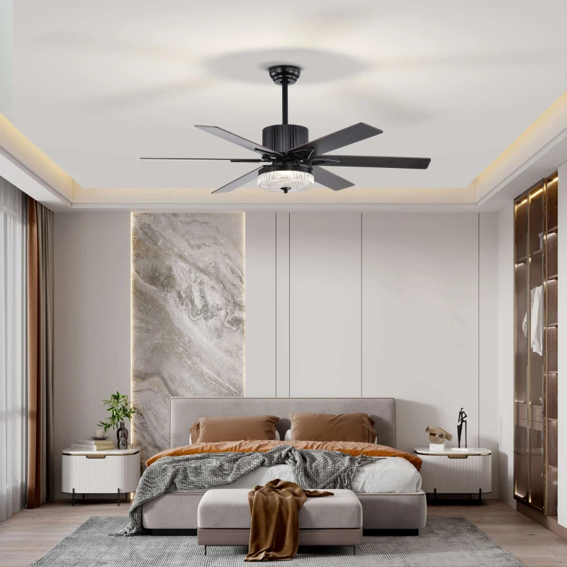 52 Inch Indoor Modern LED Ceiling Fan with Light, Remote Control, Reversible 6 Blades, Quiet Motor, Matte Black