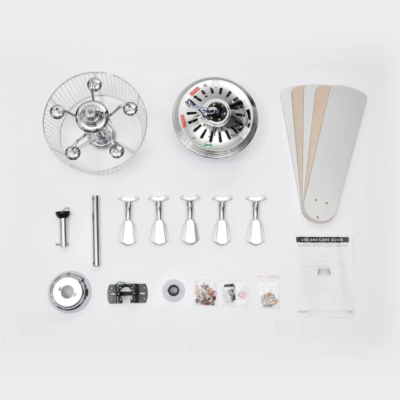 52" Crystal Ceiling Fan with 5 Reversible Wood Blades, Modern Electrical Fan, Noiseless Reversible AC Motor, Remote Control, 4 Bulbs Not Included, Chrome