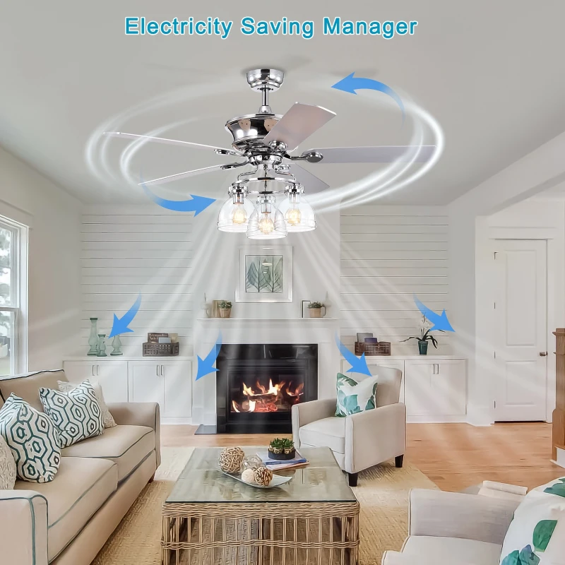 52-Inch Farmhouse Ceiling Fan with Light Kit and Remote, 5-Blade Reversible Motor, Dual Finish Blades, and Adjustable Mount, Chrome