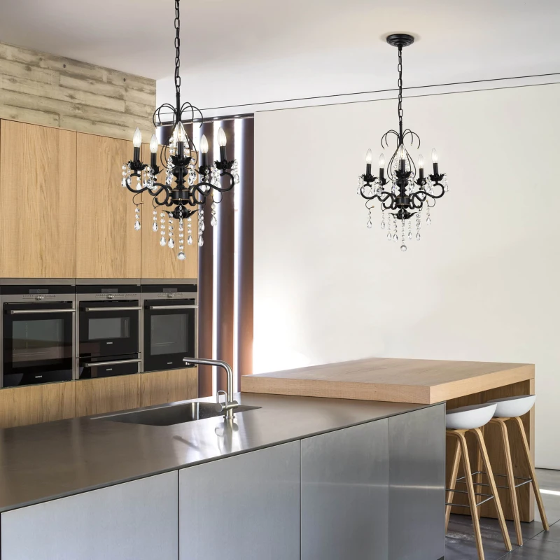 18.1" Classic Vintage Crystal Candle Chandelier, 5-Light Pendant Ceiling Fixture, Adjustable Chain, E12 Bulb Compatible, Chandelier Beads, for Living Room, Matte Black