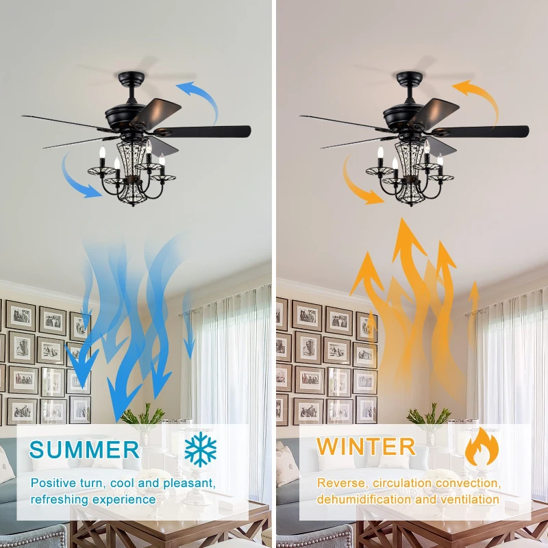 52" Crystal Chandelier Ceiling Fan with Lights and Remote, Modern Dual Finish Reversible Blades, Quiet Reversible Motor, Dual Mount Compatible, Matte Black