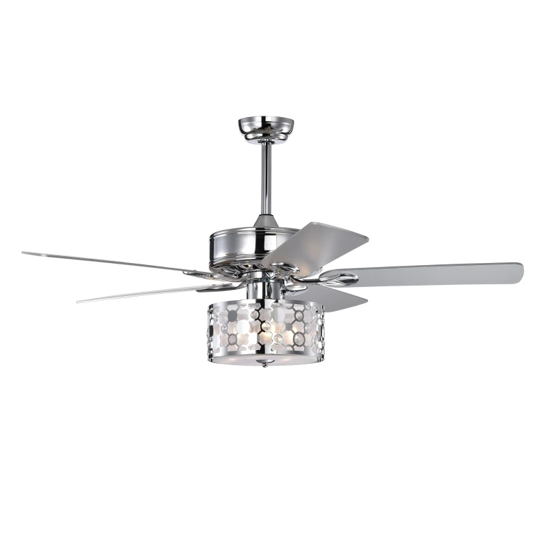 52" Elegant Ceiling Fan Light with Remote, Crystal Chandelier Fan with 5 Reversible Wood Blades, Silent Motor, and Adjustable Wind Speed for Dining Room, Bedroom, Living Room, Chrome
