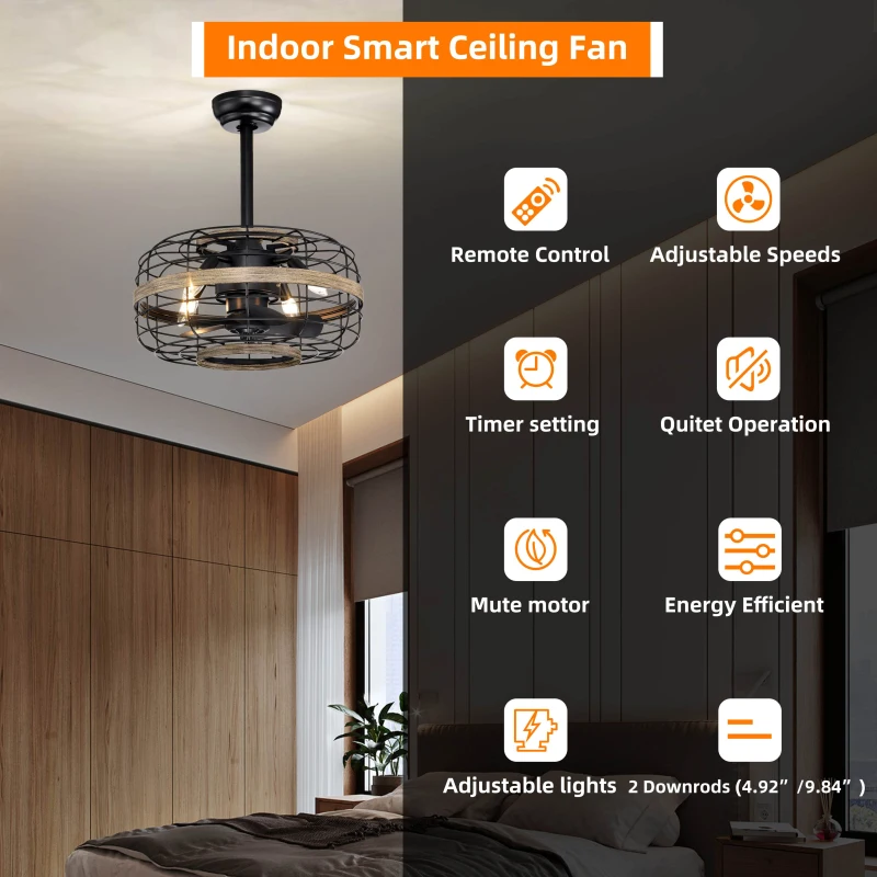 18" Farmhouse Ceiling Fan with Light, Caged Design, Remote Control, 3-Speed Adjustable, Reversible Motor, Downrod Mount, E12 Base, Matte Black