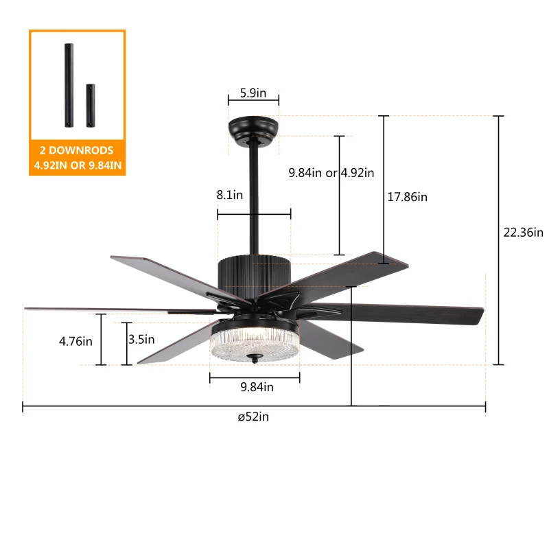 52 Inch Indoor Modern LED Ceiling Fan with Light, Remote Control, Reversible 6 Blades, Quiet Motor, Matte Black